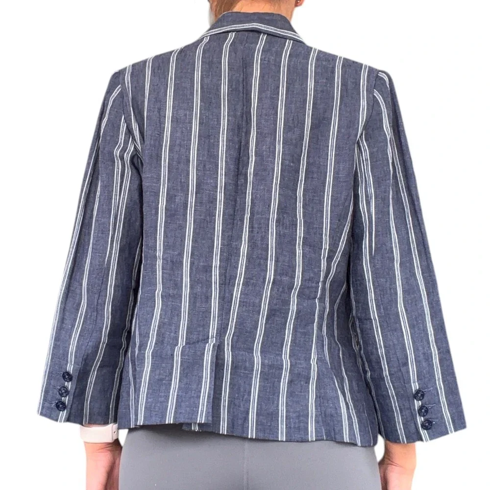 Cabi Women 8 Navy Blue White Stripe 100% Linen Anchor Button Blazer 871 Nautical